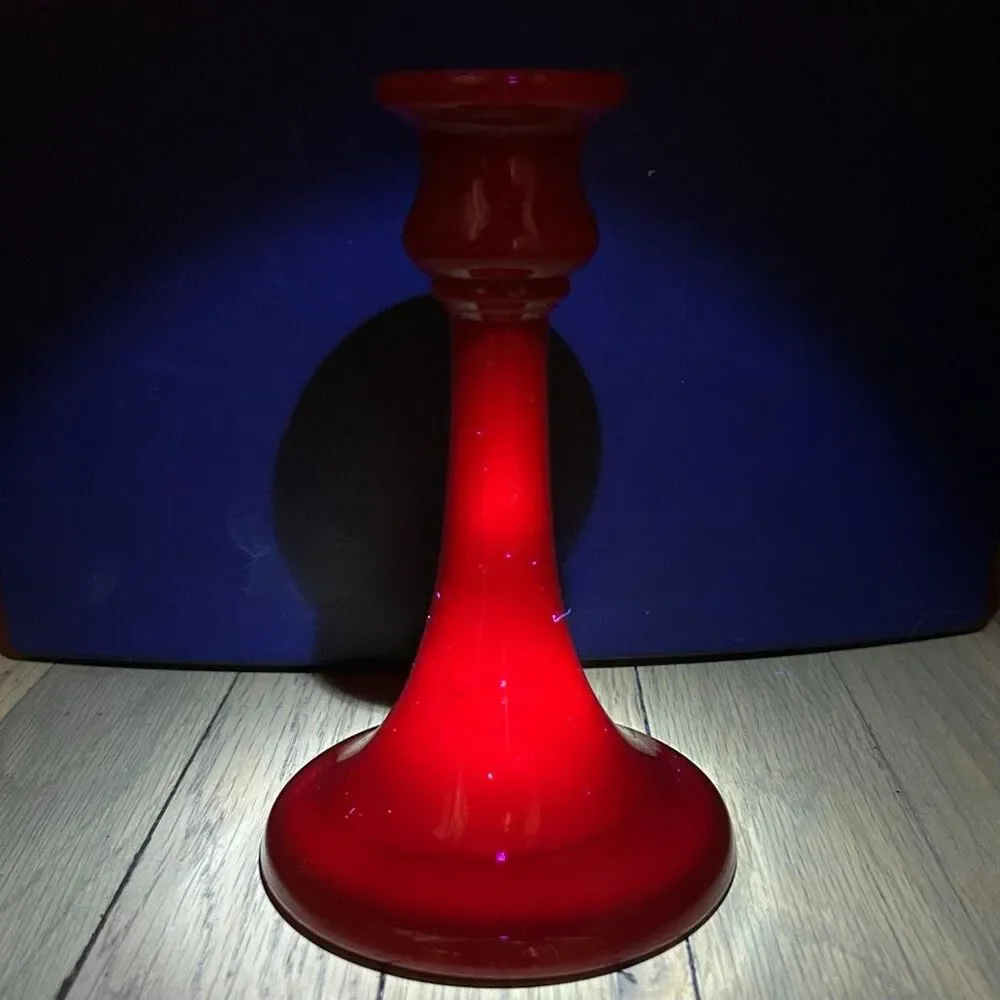 1920’s Northwood Glass Chinese Coral Red Candlestick Rainbow Line Cadmium UV Glo